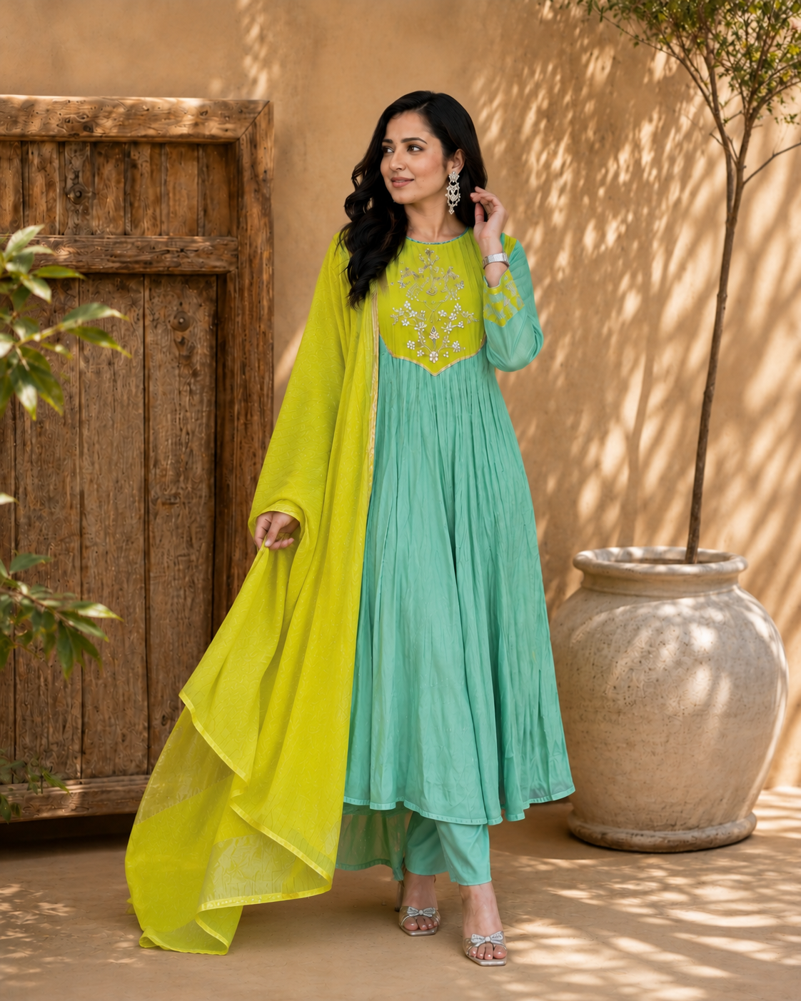 mint green anarkali dress Mint Green Embroidered Anarkali Suit Set with Lime Dupatta – Grathika