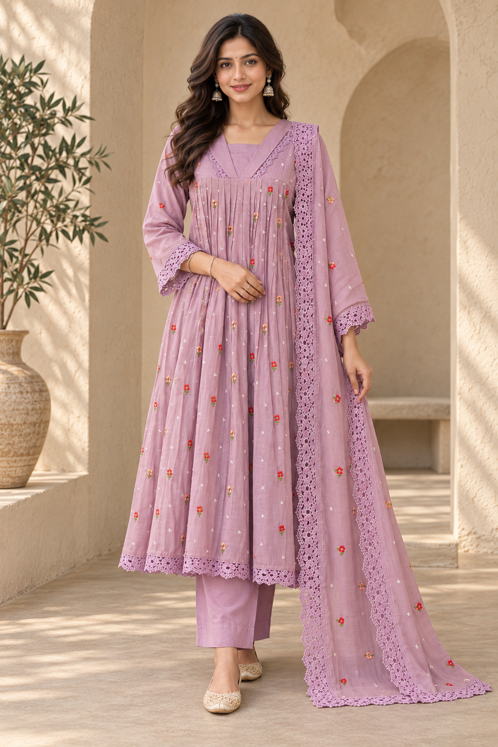 Women's Embroidered Anarkali Suit Set with Lace Dupatta