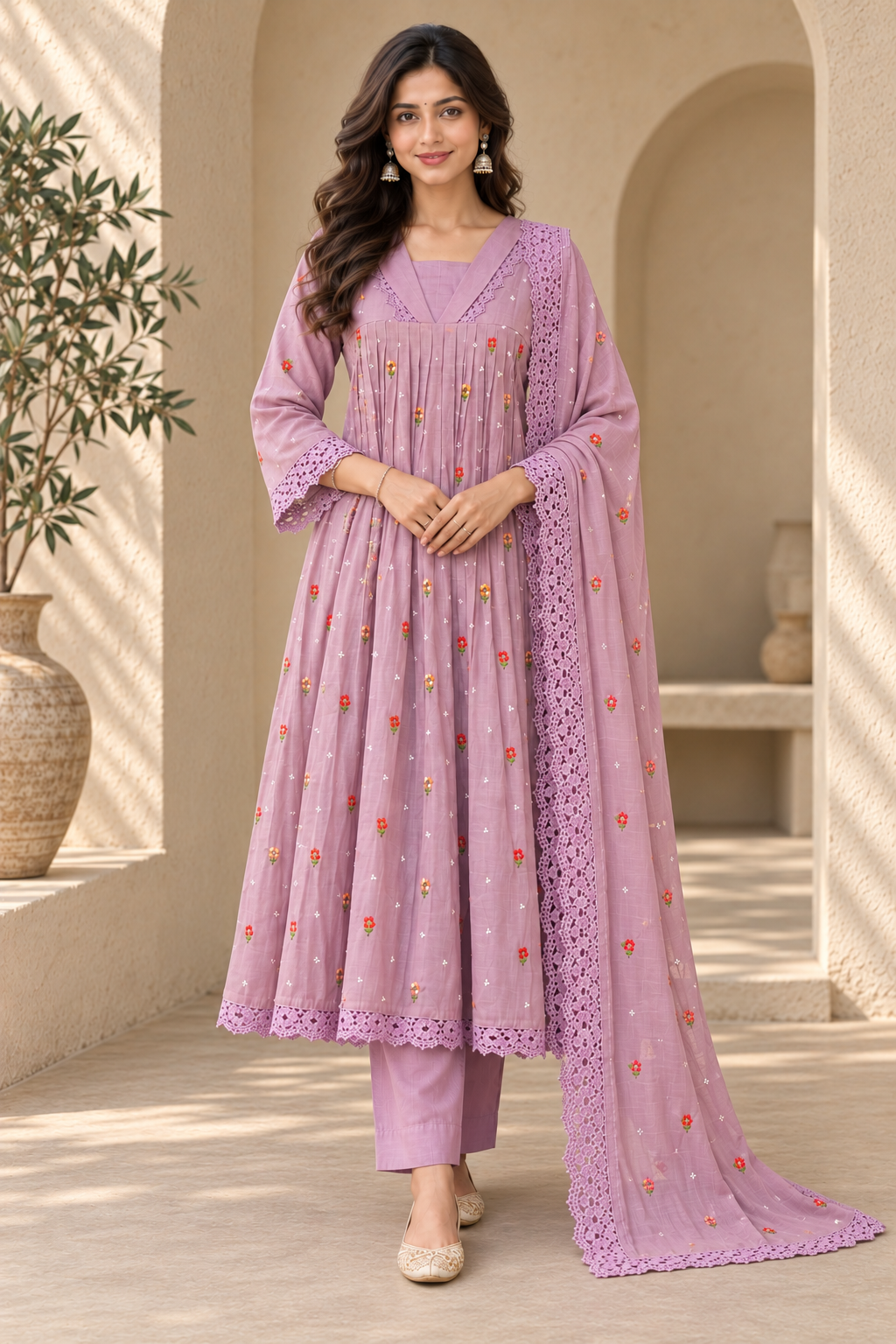 Women's Embroidered Anarkali Suit Set with Lace Dupatta