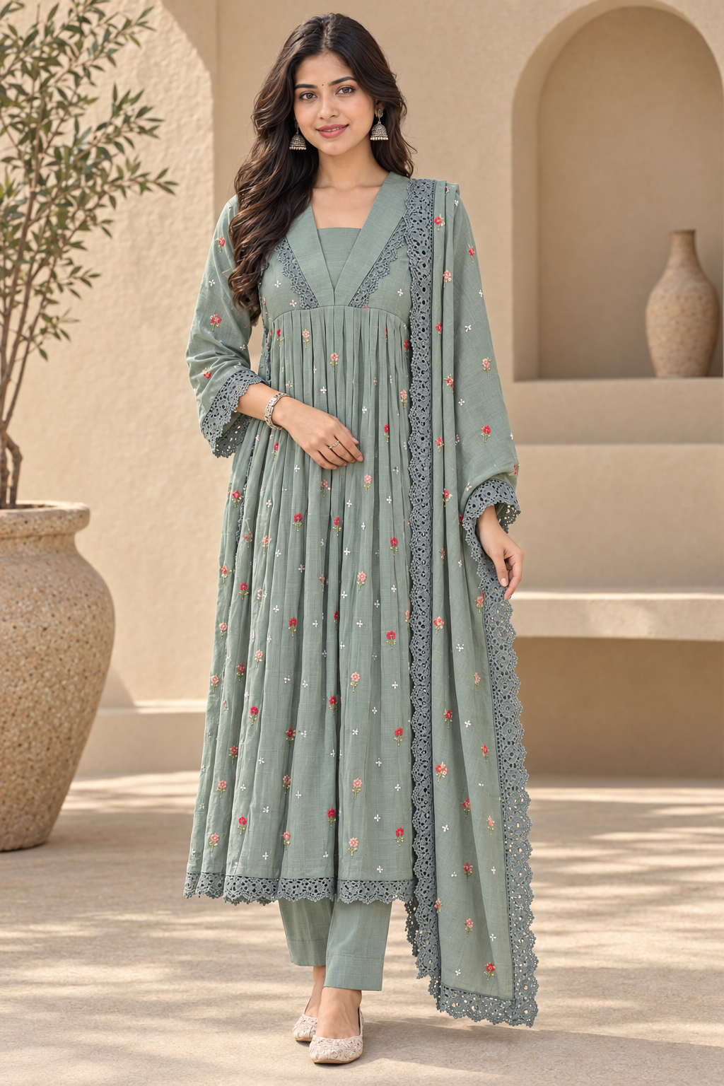 Women's Embroidered Anarkali Suit Set with Lace Dupatta