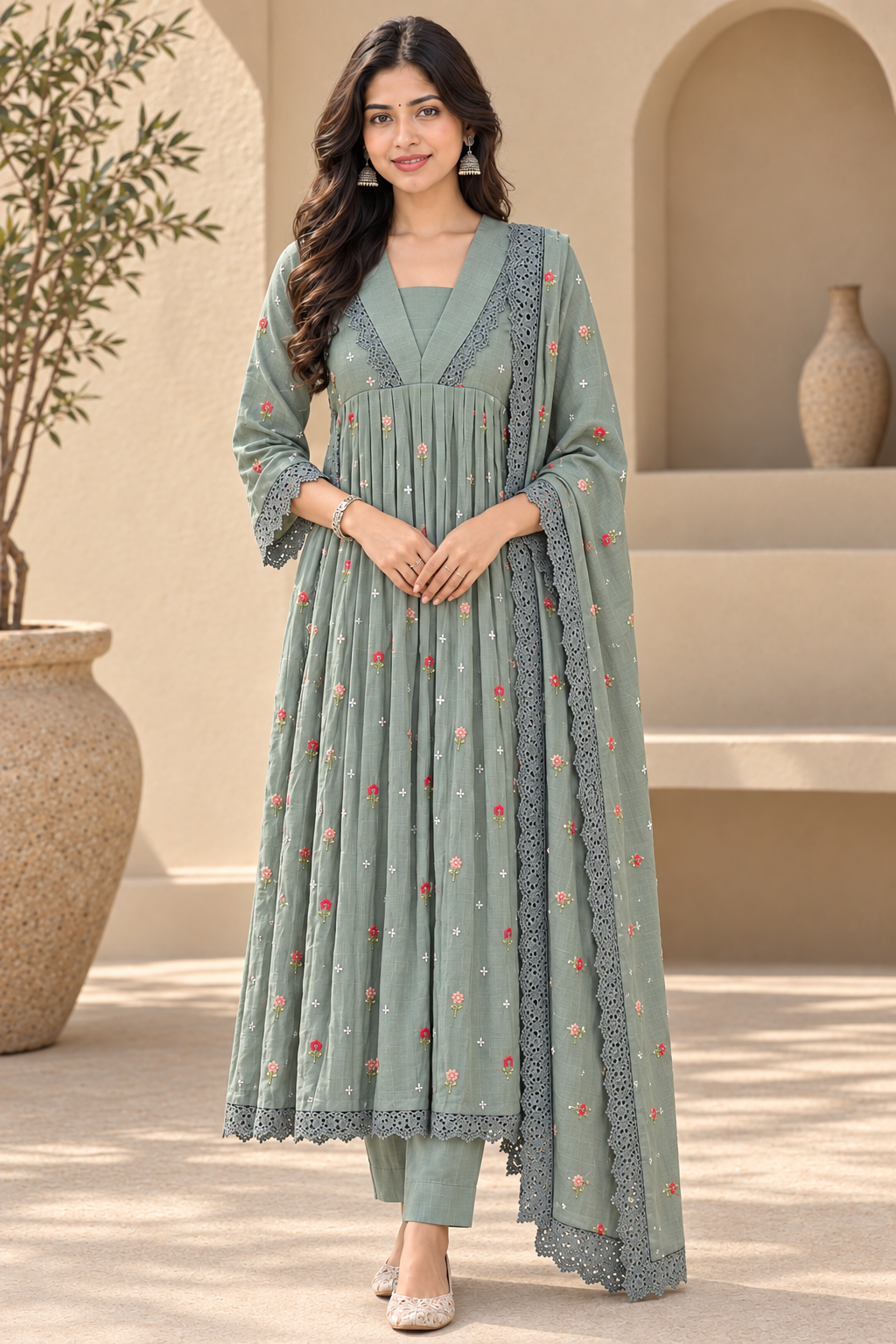 Women's Embroidered Anarkali Suit Set with Lace Dupatta