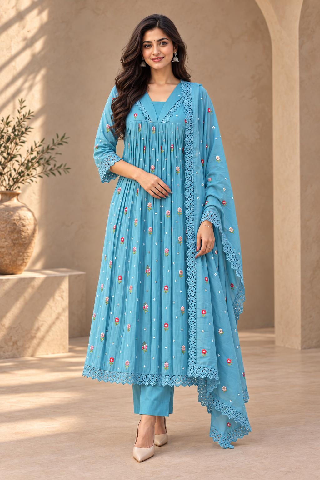 Women's Embroidered Anarkali Suit Set with Lace Dupatta