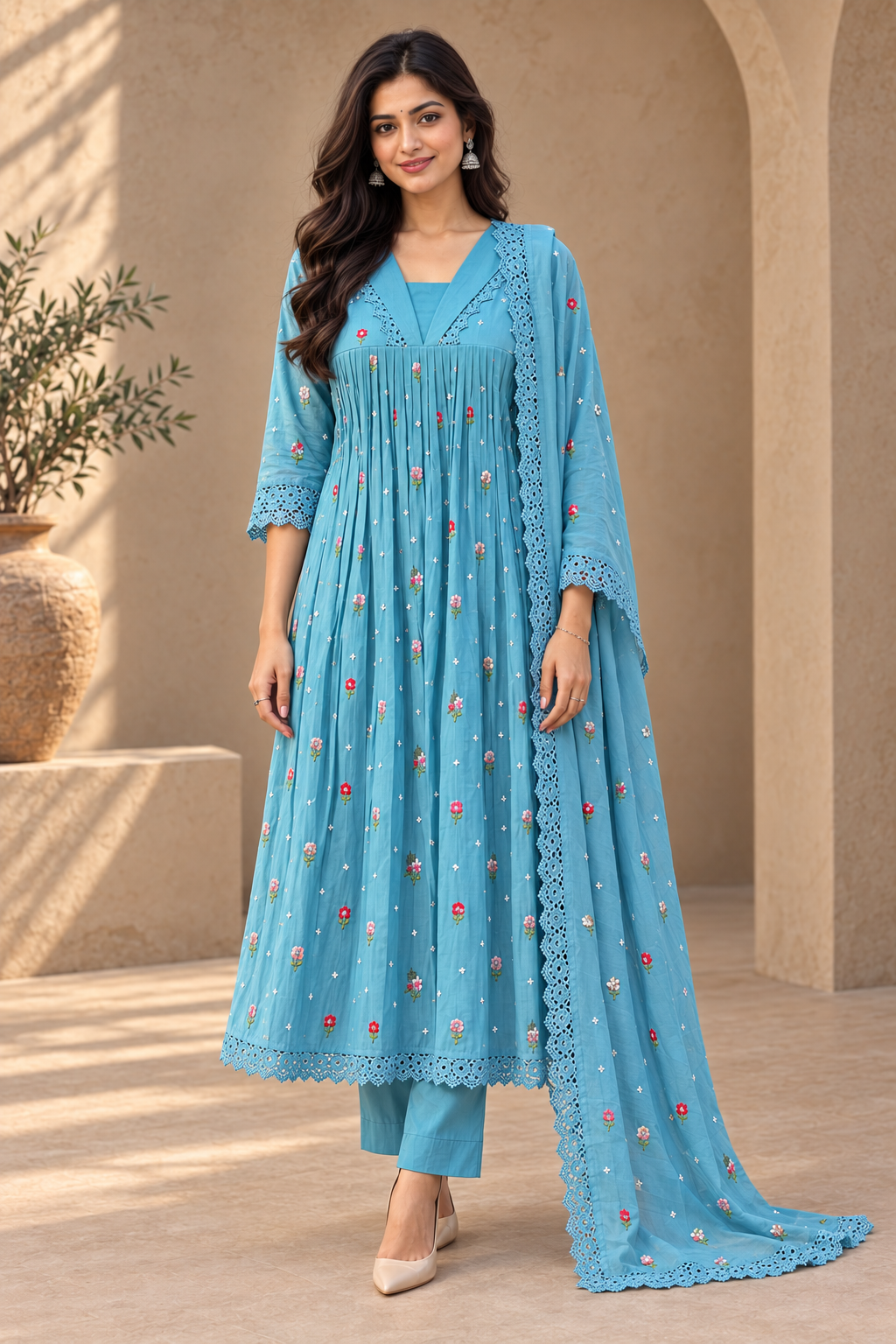 Women's Embroidered Anarkali Suit Set with Lace Dupatta