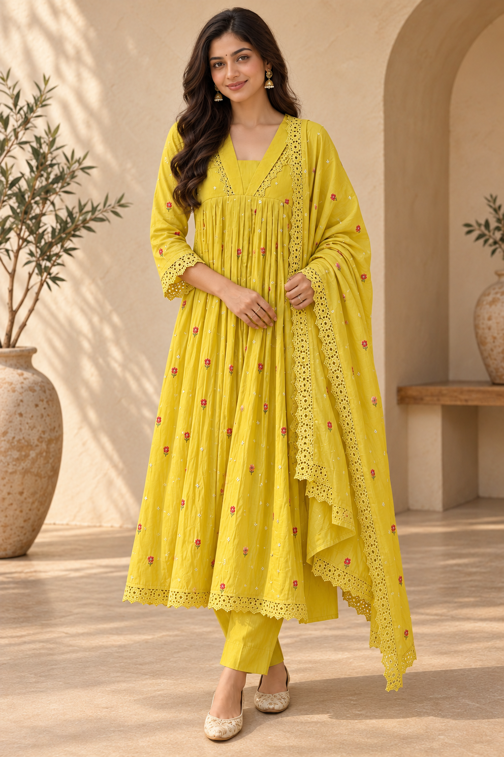 Women's Embroidered Anarkali Suit Set with Lace Dupatta