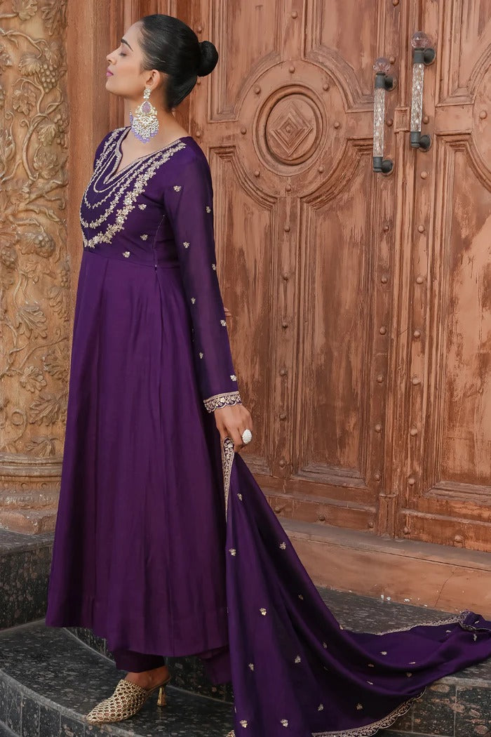 Purple Regal Embroidered Kurta Set with Dupatta