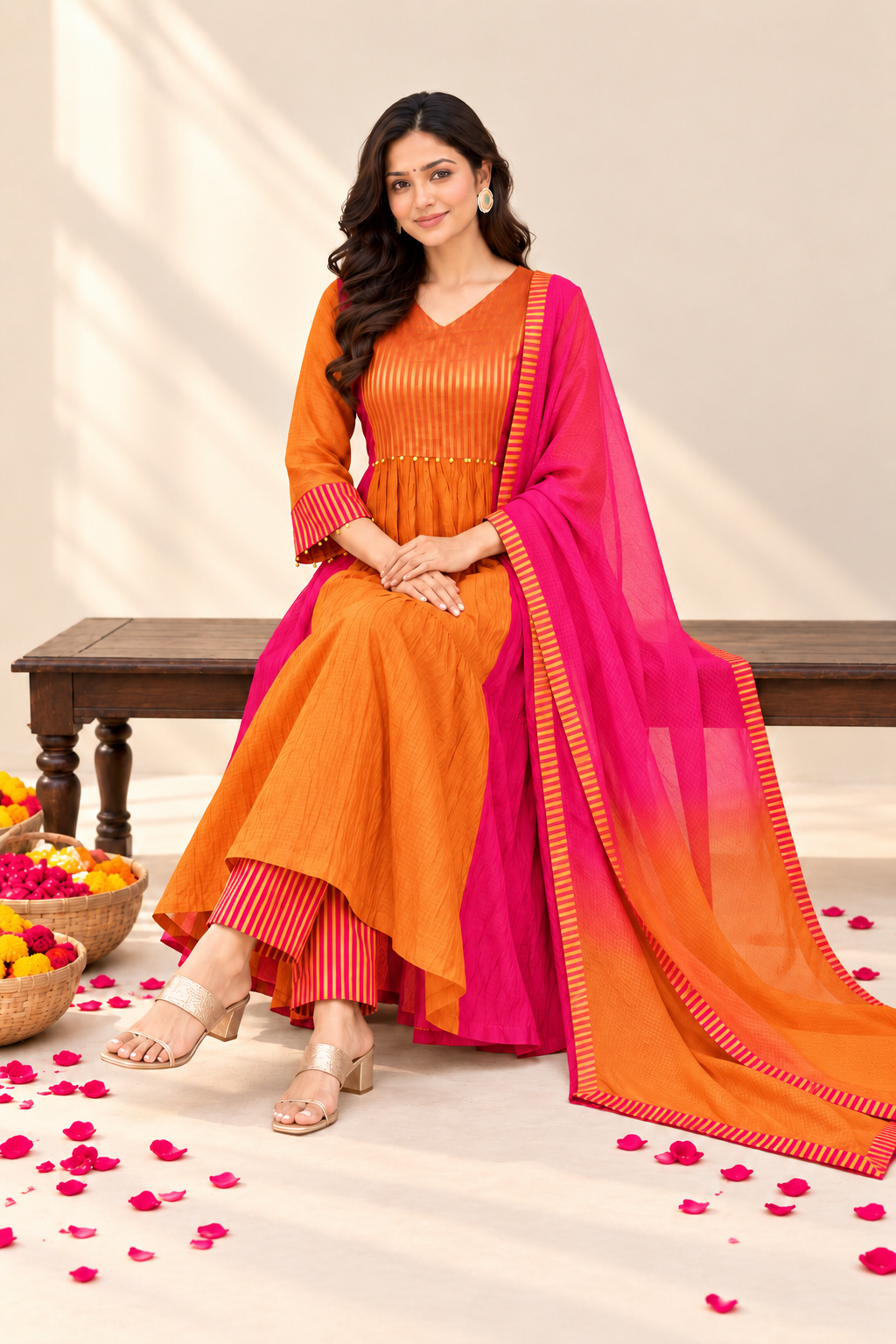Orange & Pink Designer Printed Anarkali Suit Set with Striped Dupatta