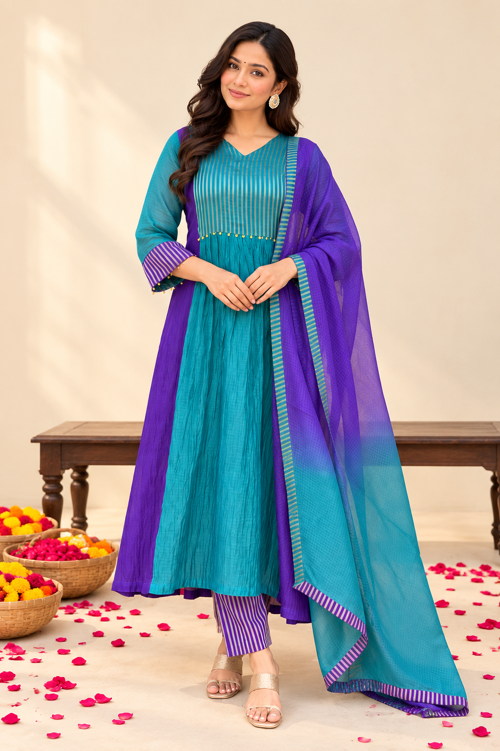 Women’s Teal Blue & Purple Designer Anarkali Suit Set with Dupatta