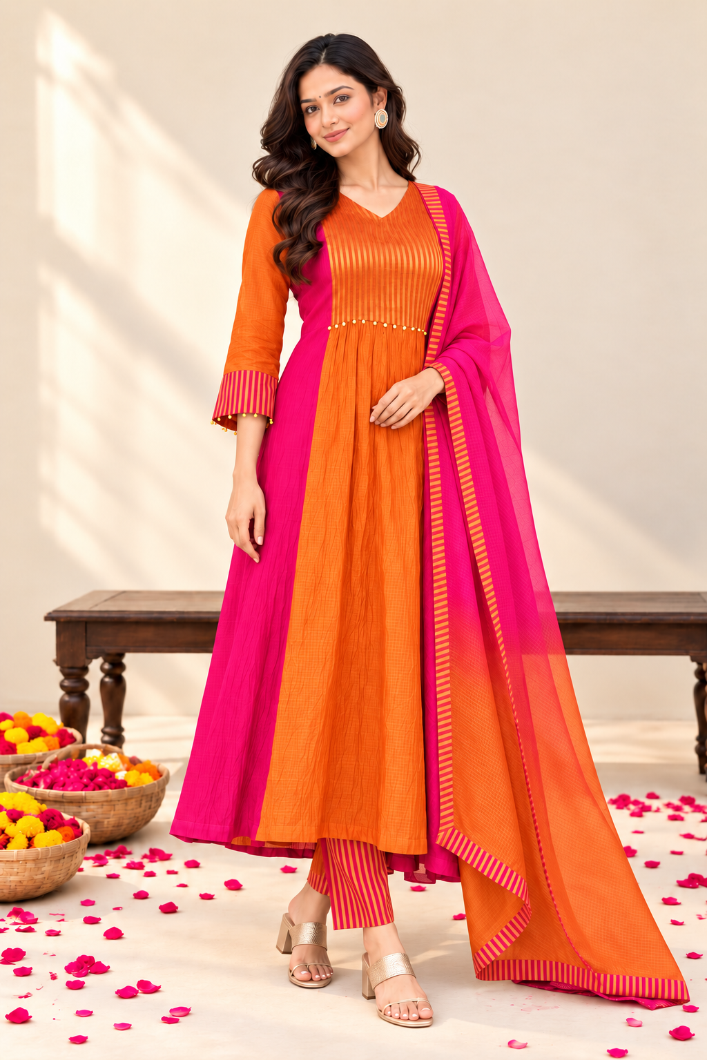 Orange & Pink Designer Printed Anarkali Suit Set with Striped Dupatta