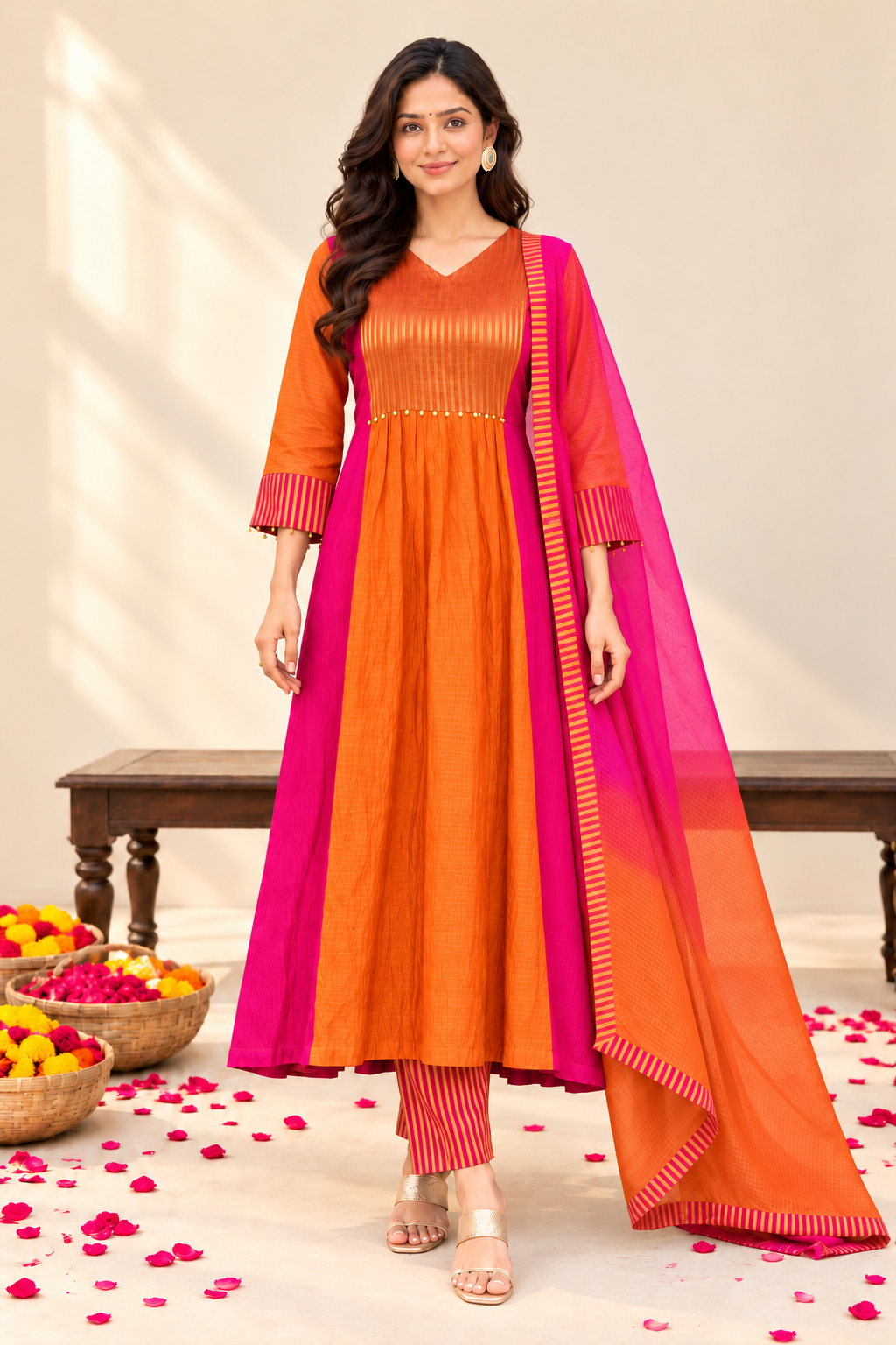 Orange & Pink Designer Printed Anarkali Suit Set with Striped Dupatta
