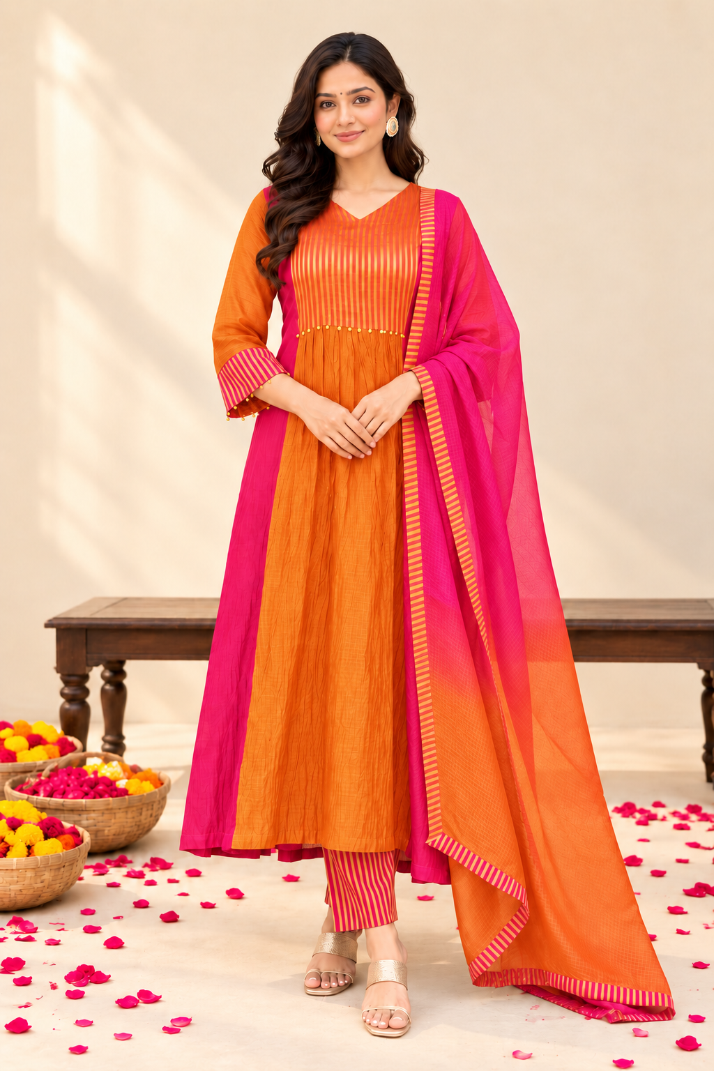 Orange & Pink Designer Printed Anarkali Suit Set with Striped Dupatta