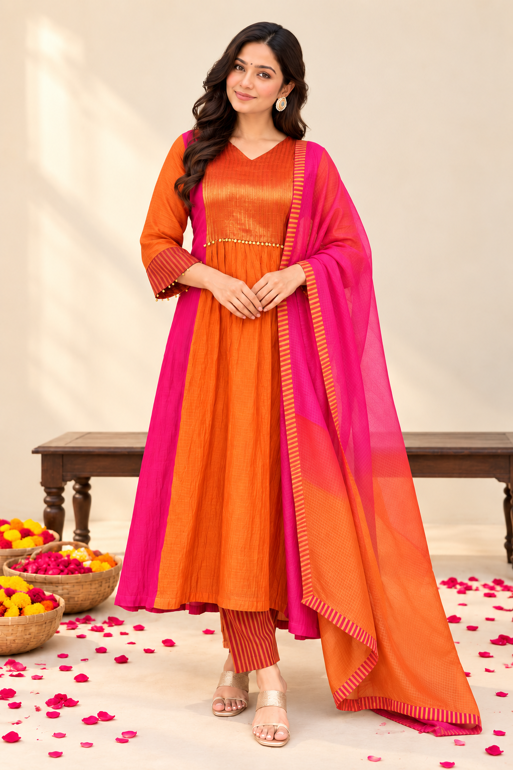 Orange & Pink Designer Printed Anarkali Suit Set with Striped Dupatta
