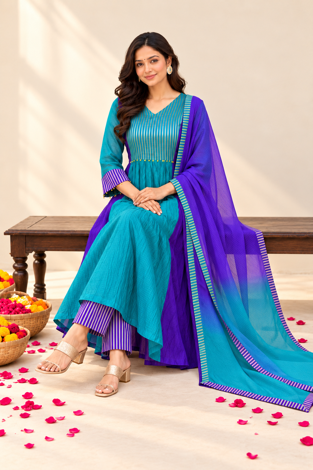 Women’s Teal Blue & Purple Designer Anarkali Suit Set with Dupatta