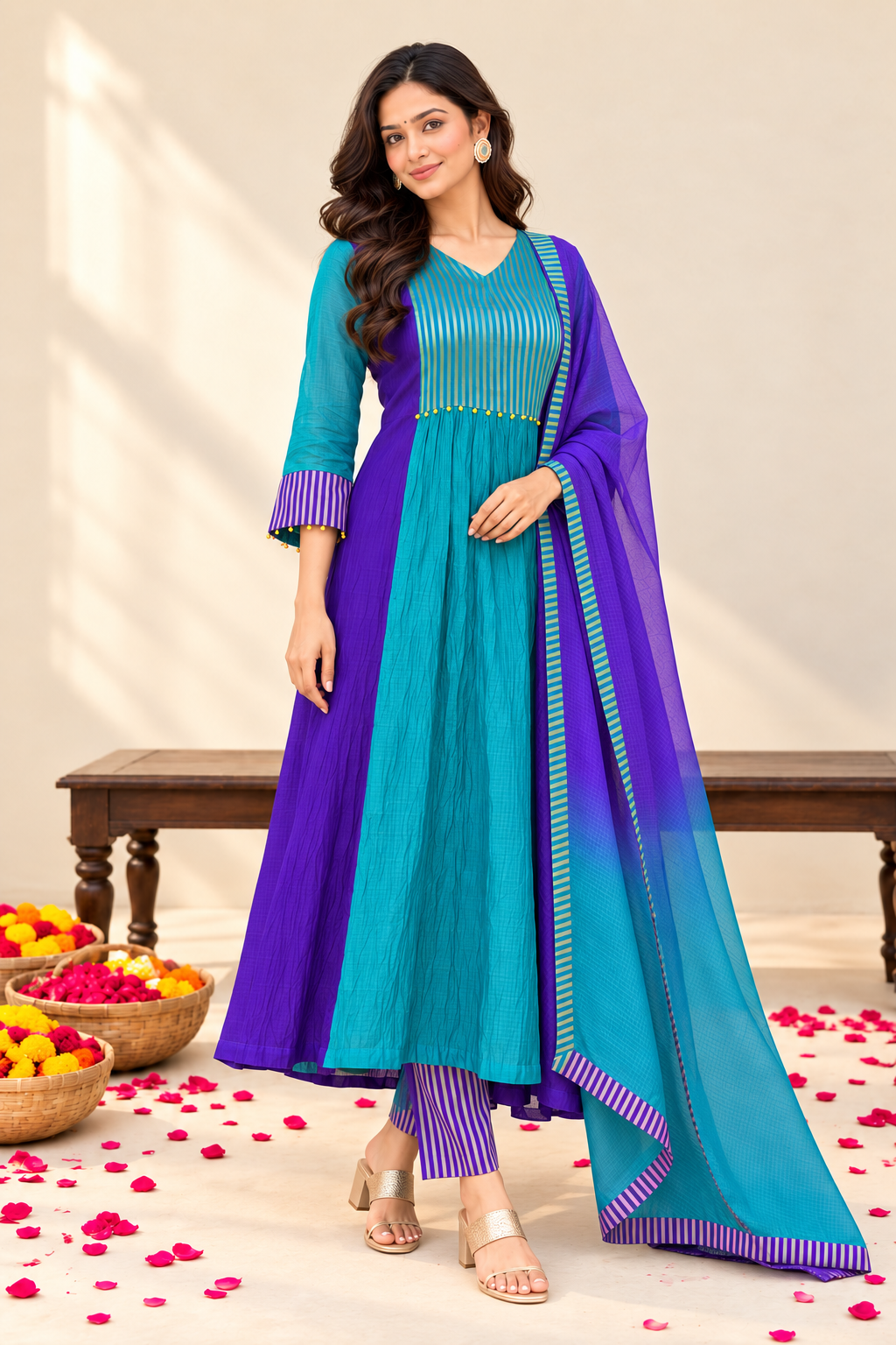 Women’s Teal Blue & Purple Designer Anarkali Suit Set with Dupatta