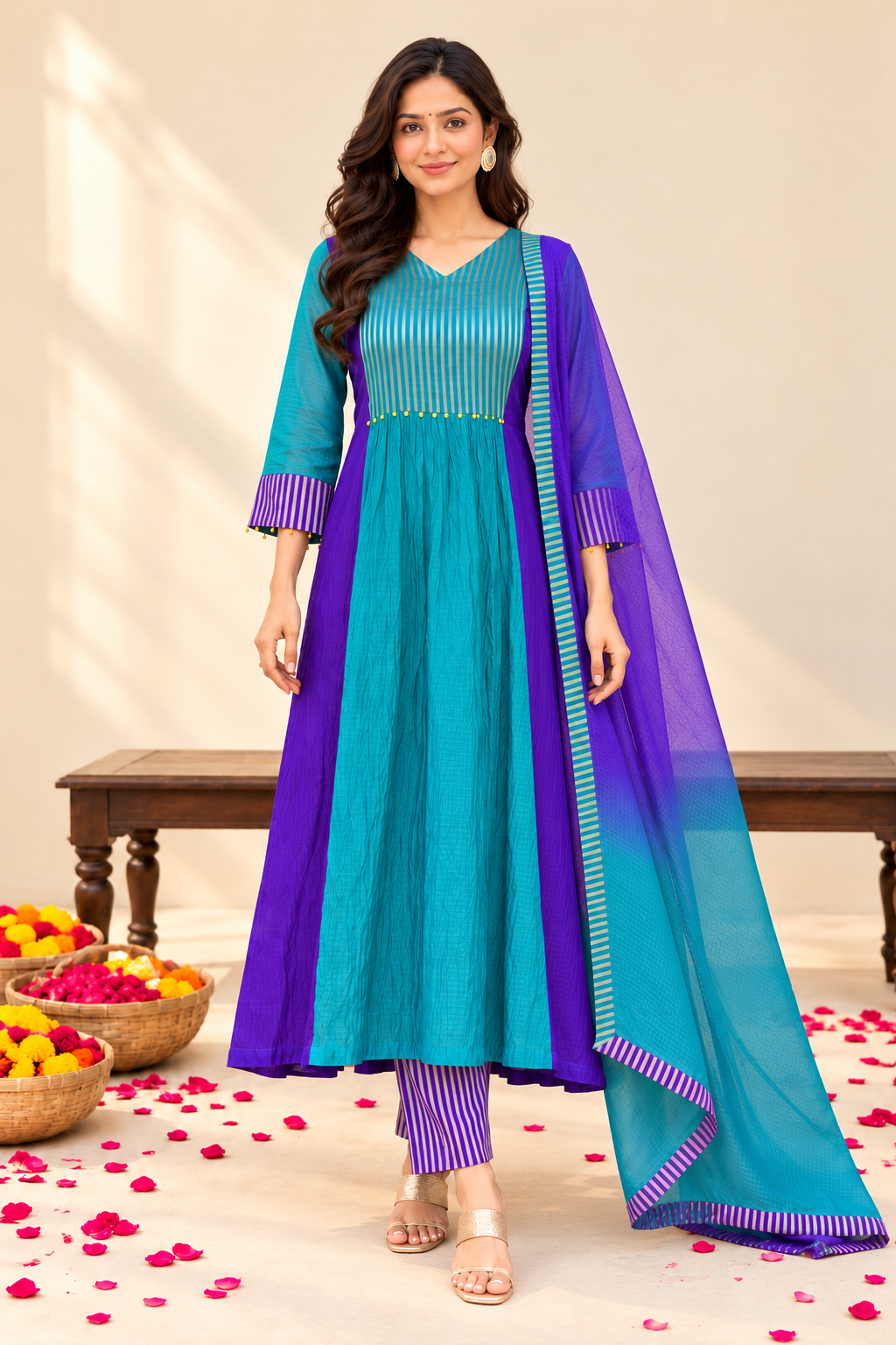 Women’s Teal Blue & Purple Designer Anarkali Suit Set with Dupatta