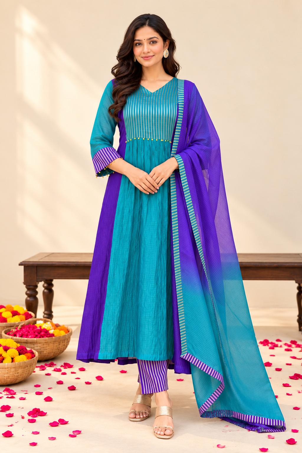 Women’s Teal Blue & Purple Designer Anarkali Suit Set with Dupatta