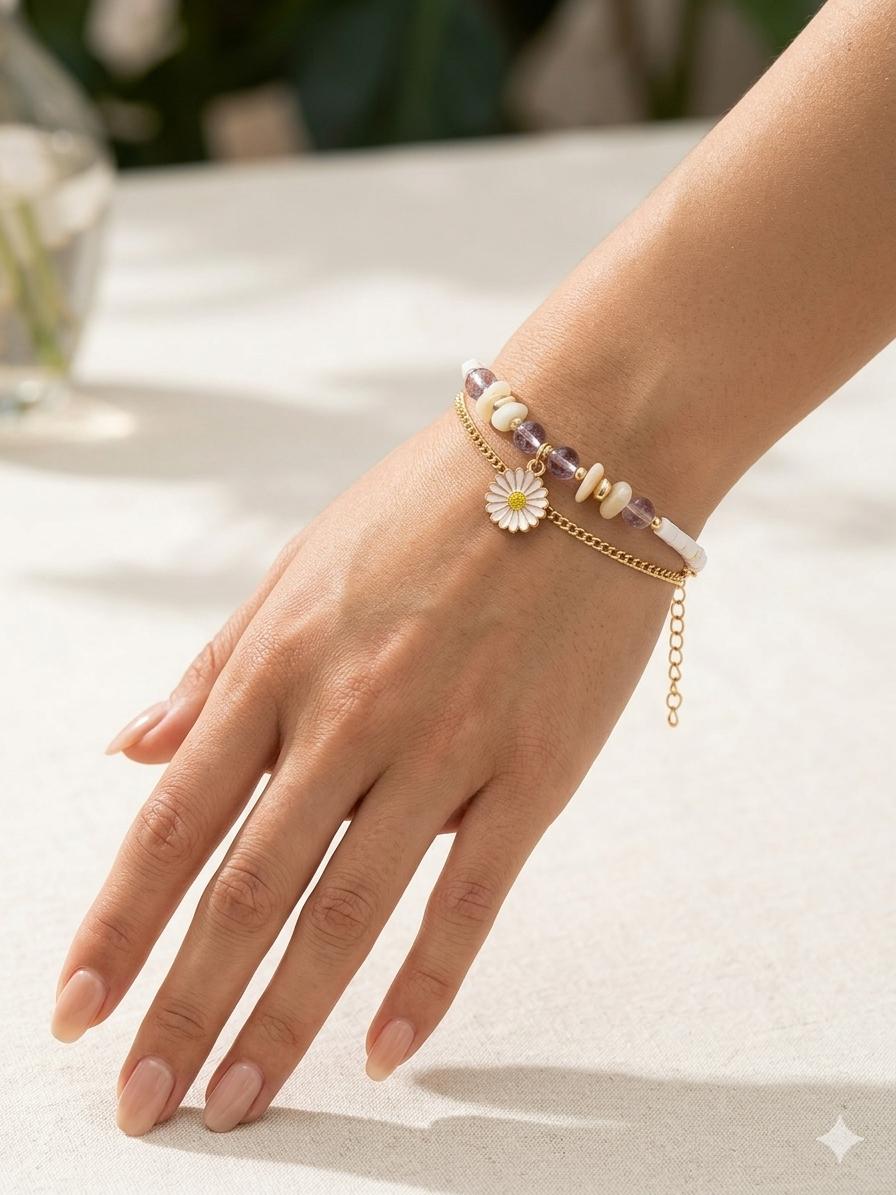 Boho Daisy Charm Layered Beaded Bracelet for Women
