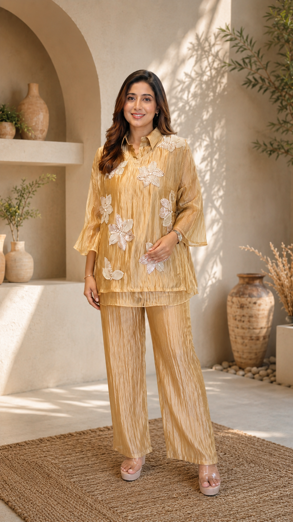 Champagne Three-D Floral Embellished Crinkle Co-Ord Set