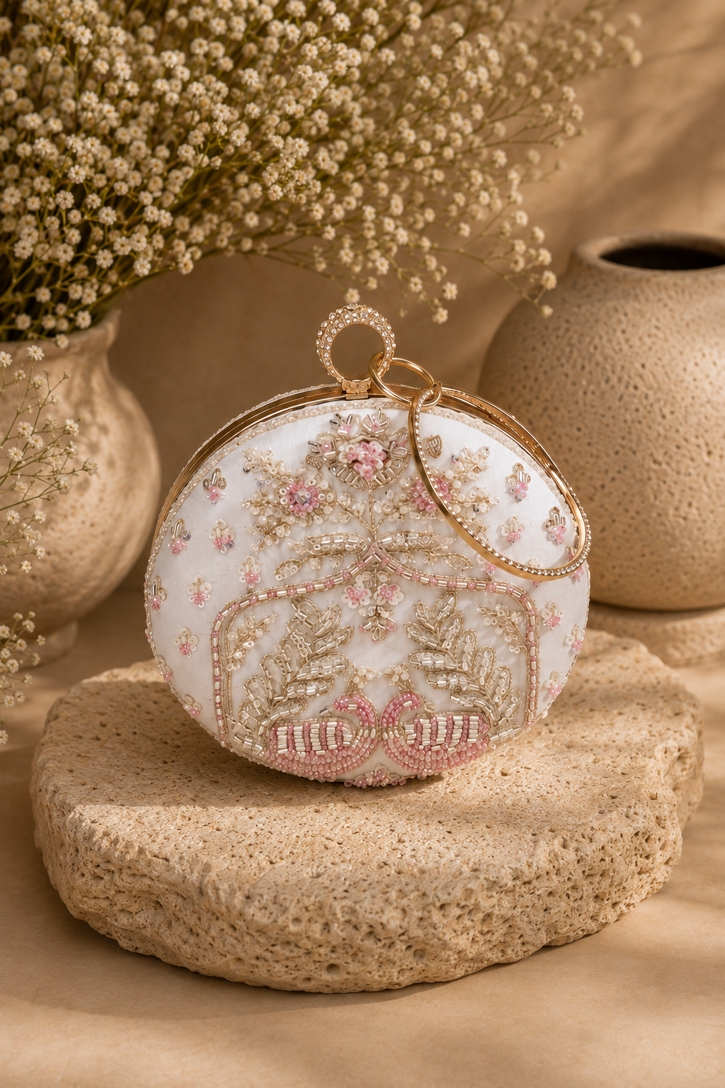 Luxury White Pearl & Zardosi Embroidered Peacock Potli Clutch Bag with Crystal Ring Handle