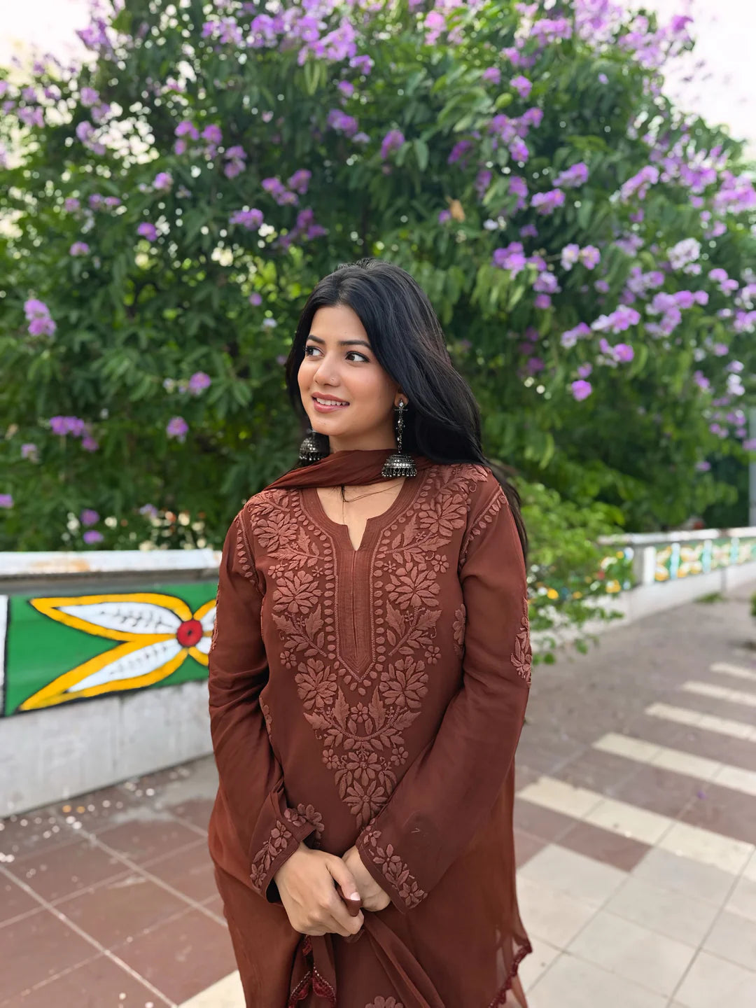 Elegant Brown Floral Embroidered Kurta Pant Set with Dupatta