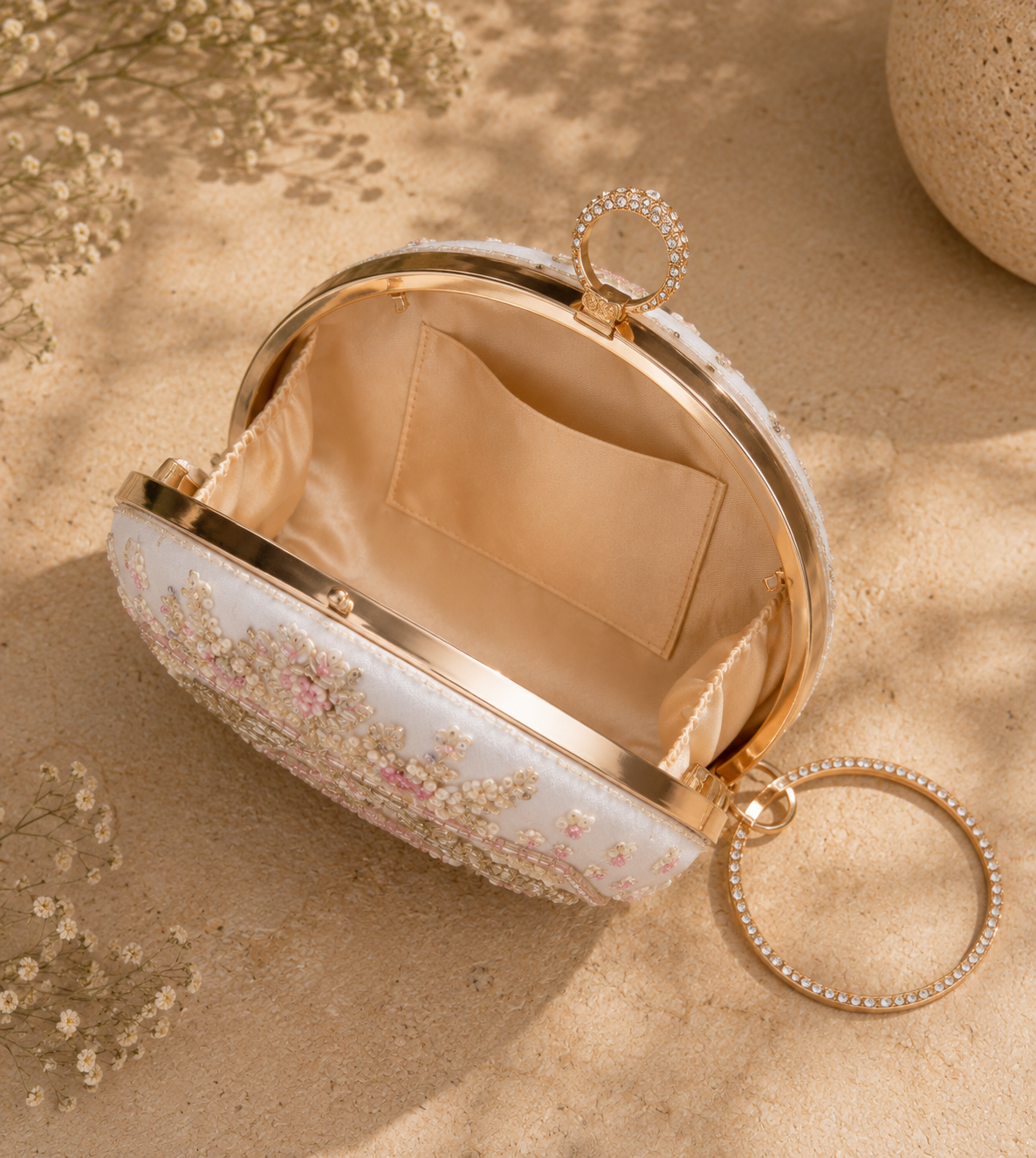 Luxury White Pearl & Zardosi Embroidered Peacock Potli Clutch Bag with Crystal Ring Handle