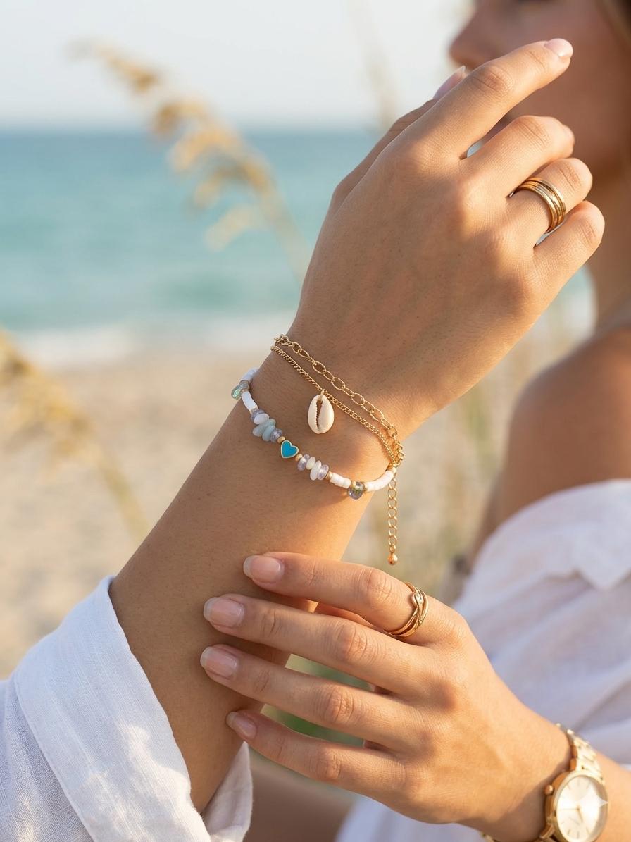 Boho Beach Shell & Heart Charm Layered Bracelet for Women