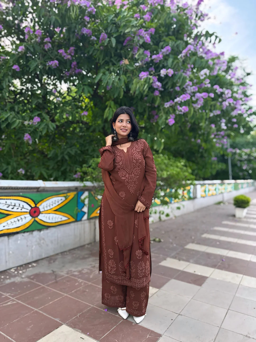 Elegant Brown Floral Embroidered Kurta Pant Set with Dupatta