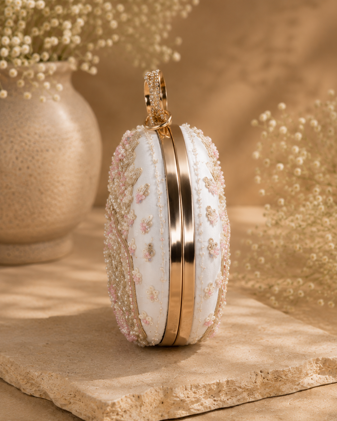 Luxury White Pearl & Zardosi Embroidered Peacock Potli Clutch Bag with Crystal Ring Handle