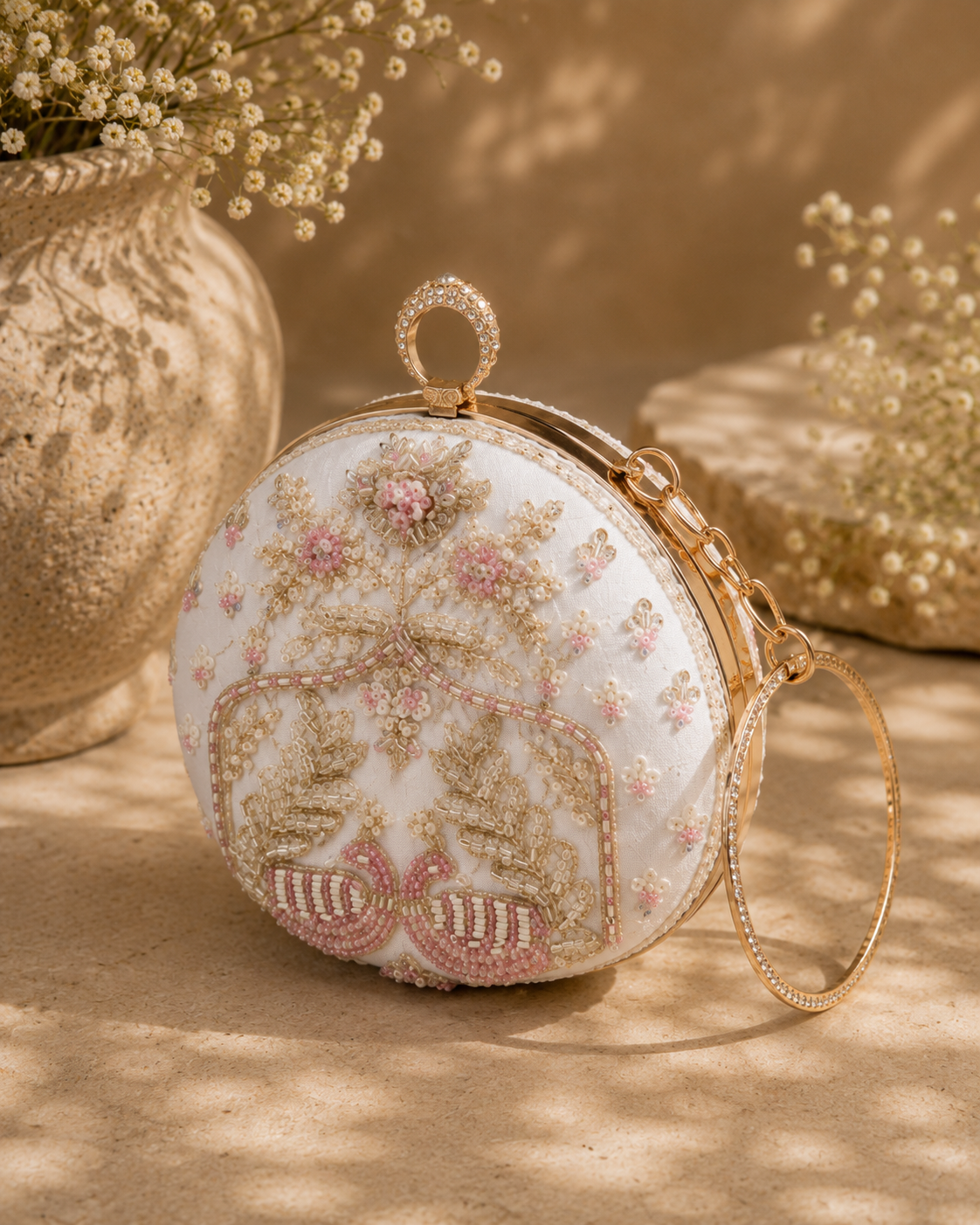 Luxury White Pearl & Zardosi Embroidered Peacock Potli Clutch Bag with Crystal Ring Handle