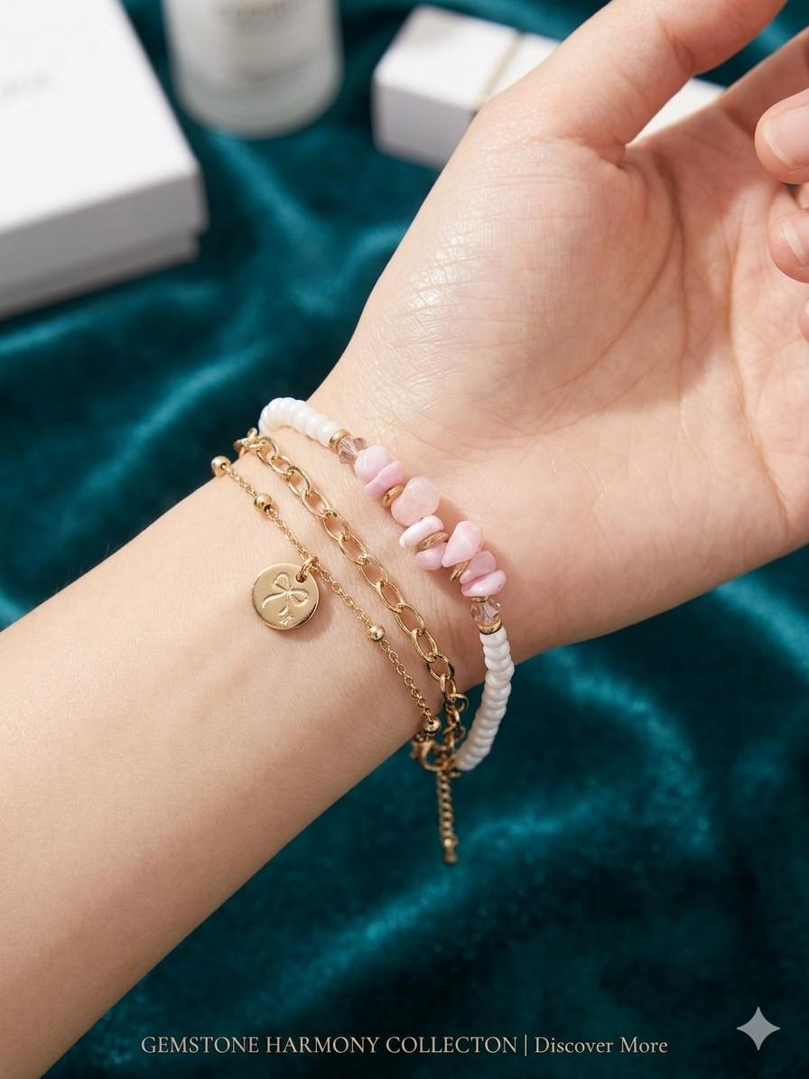 Rose Quartz Clover Charm Layered Bracelet for Women