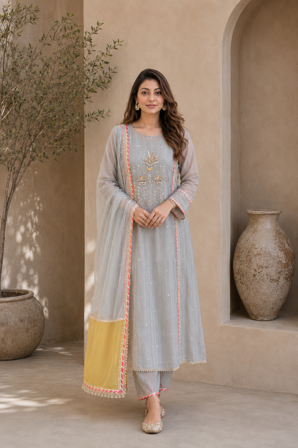 Elegant Embroidered Cotton Blend Kurta Set with Contrast Yellow Dupatta