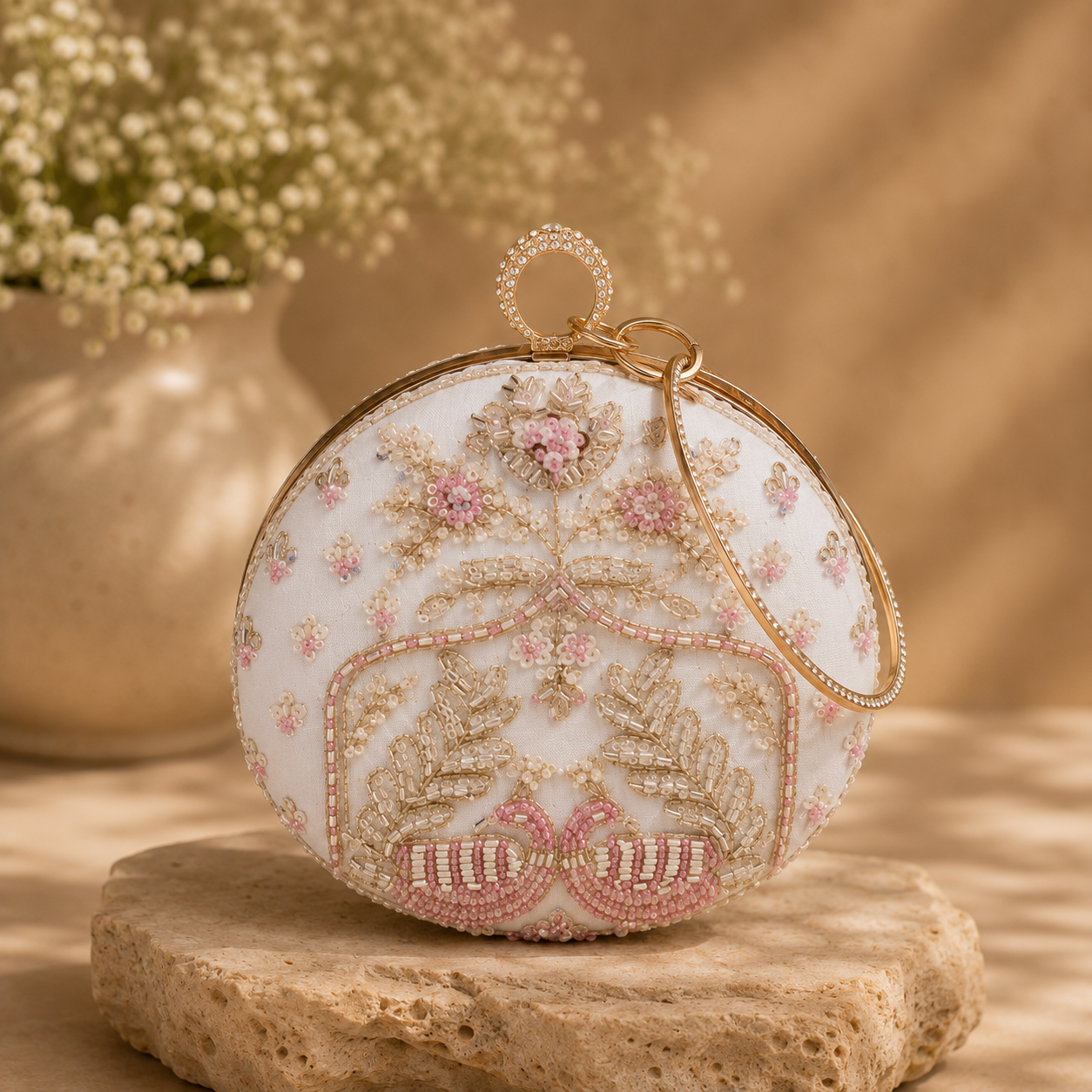 Luxury White Pearl & Zardosi Embroidered Peacock Potli Clutch Bag with Crystal Ring Handle