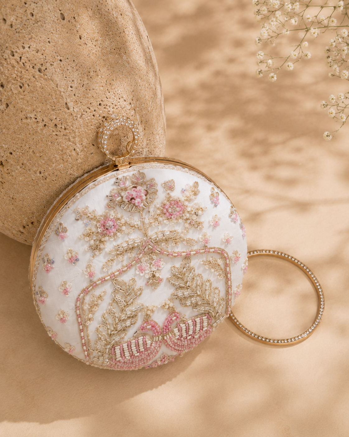 Luxury White Pearl & Zardosi Embroidered Peacock Potli Clutch Bag with Crystal Ring Handle
