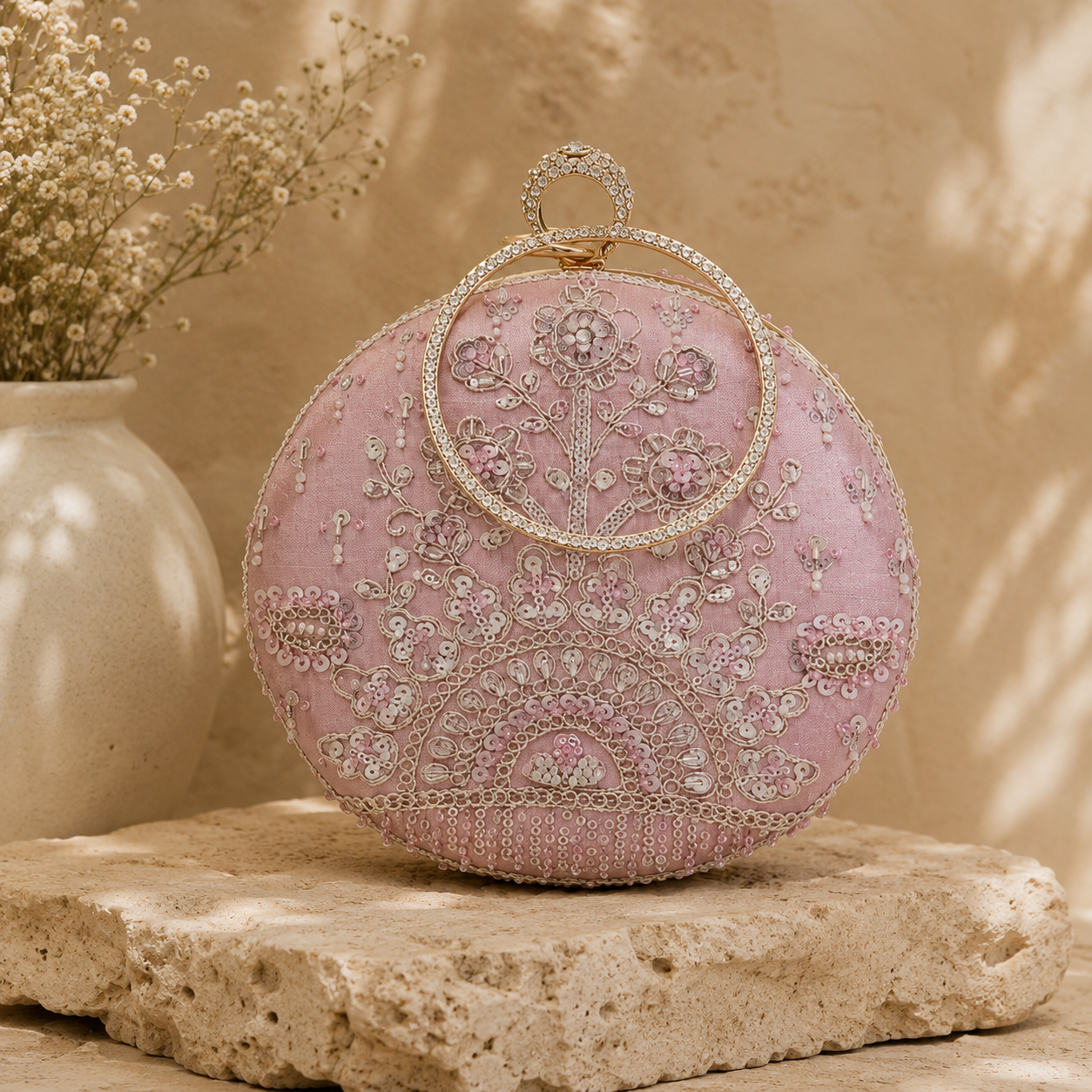 Luxury Blush Pink Hand-Embroidered Floral Potli Clutch Bag with Crystal Ring Handle