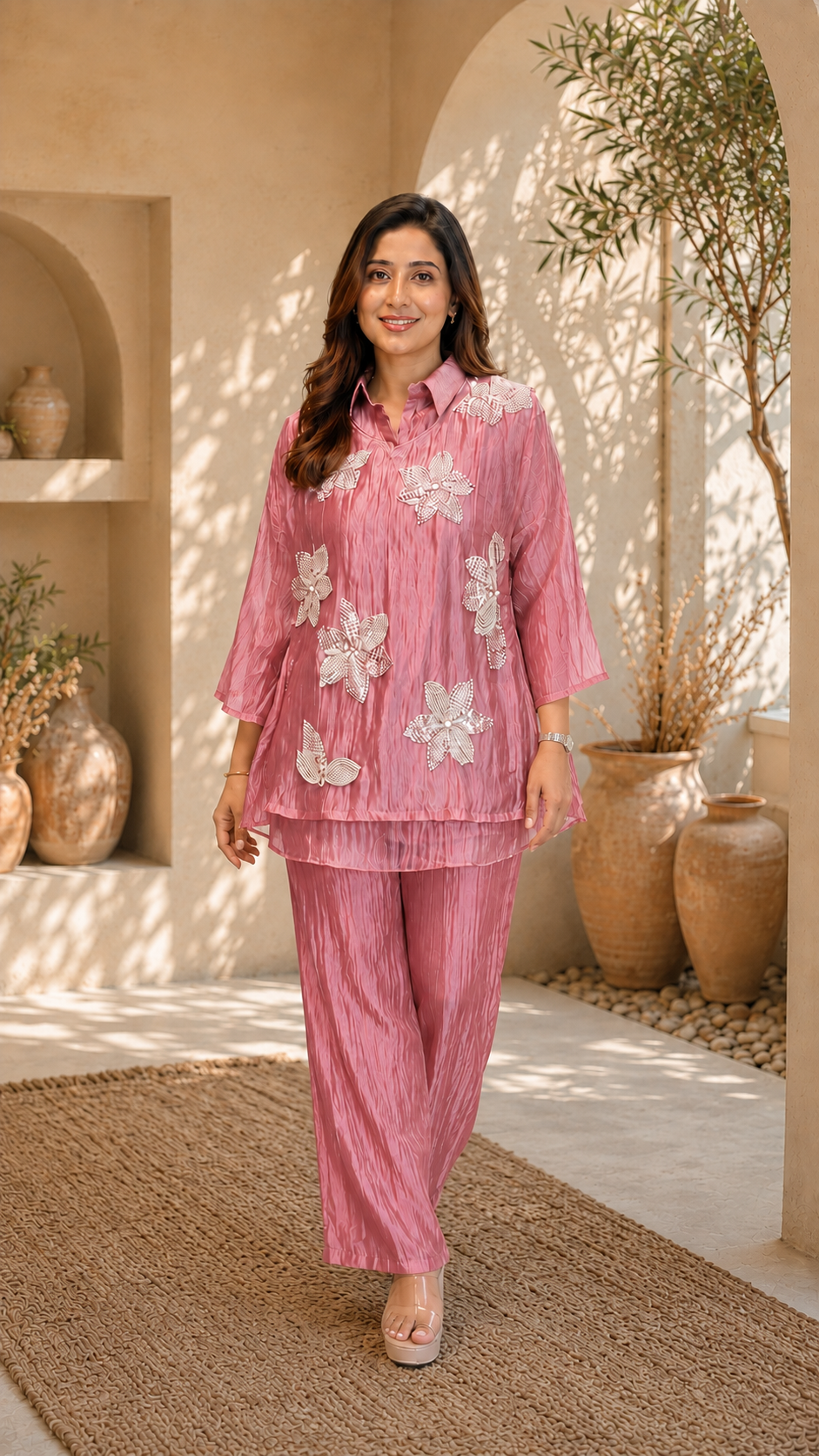 Champagne Three-D Floral Embellished Crinkle Co-Ord Set