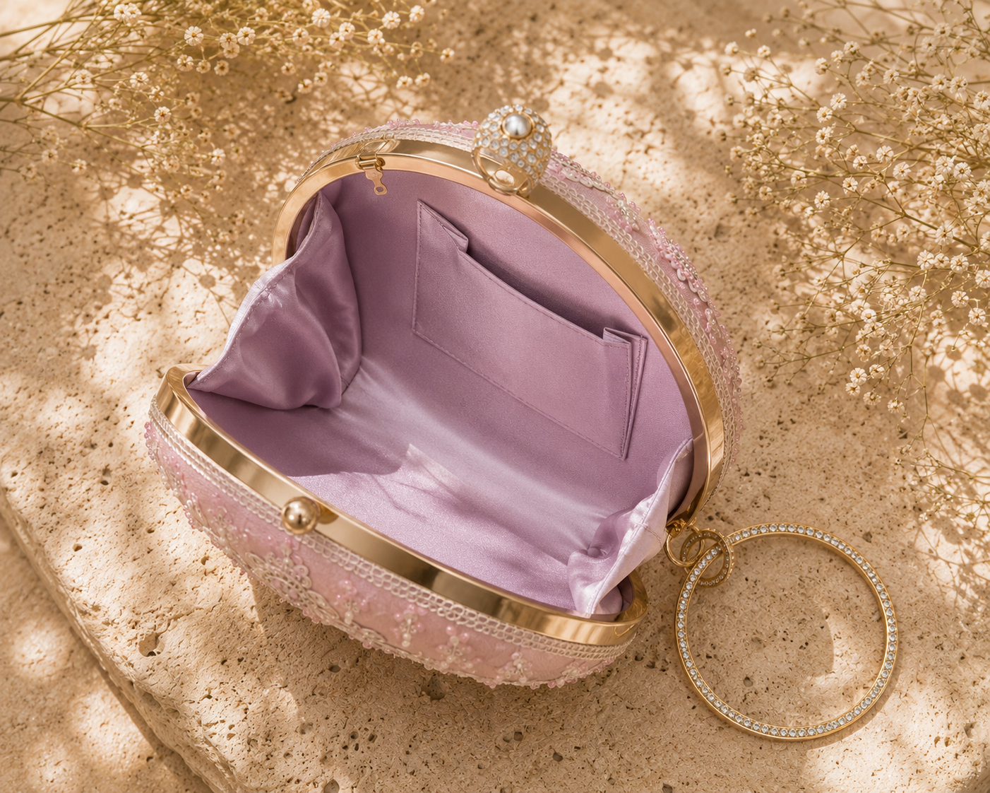 Luxury Blush Pink Hand-Embroidered Floral Potli Clutch Bag with Crystal Ring Handle