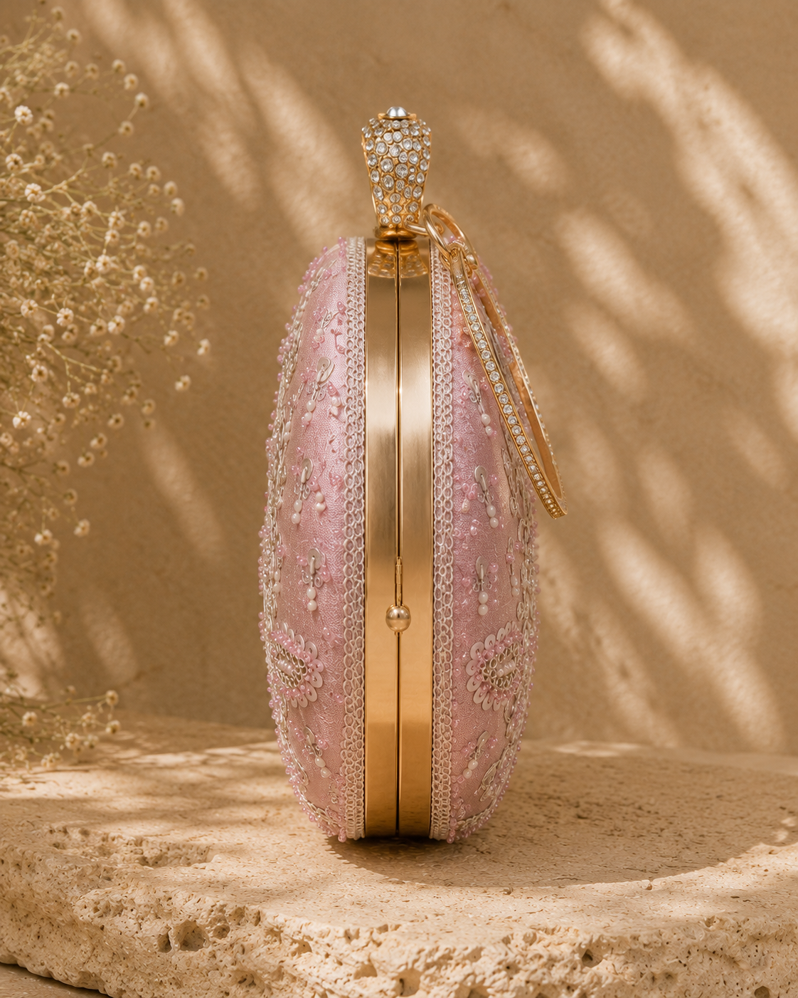 Luxury Blush Pink Hand-Embroidered Floral Potli Clutch Bag with Crystal Ring Handle