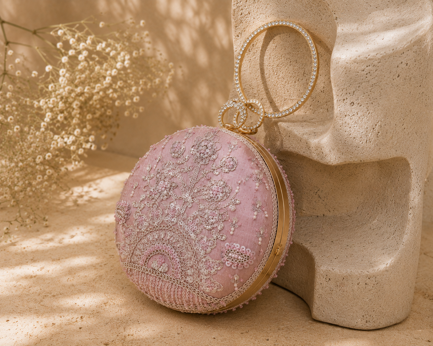 Luxury Blush Pink Hand-Embroidered Floral Potli Clutch Bag with Crystal Ring Handle