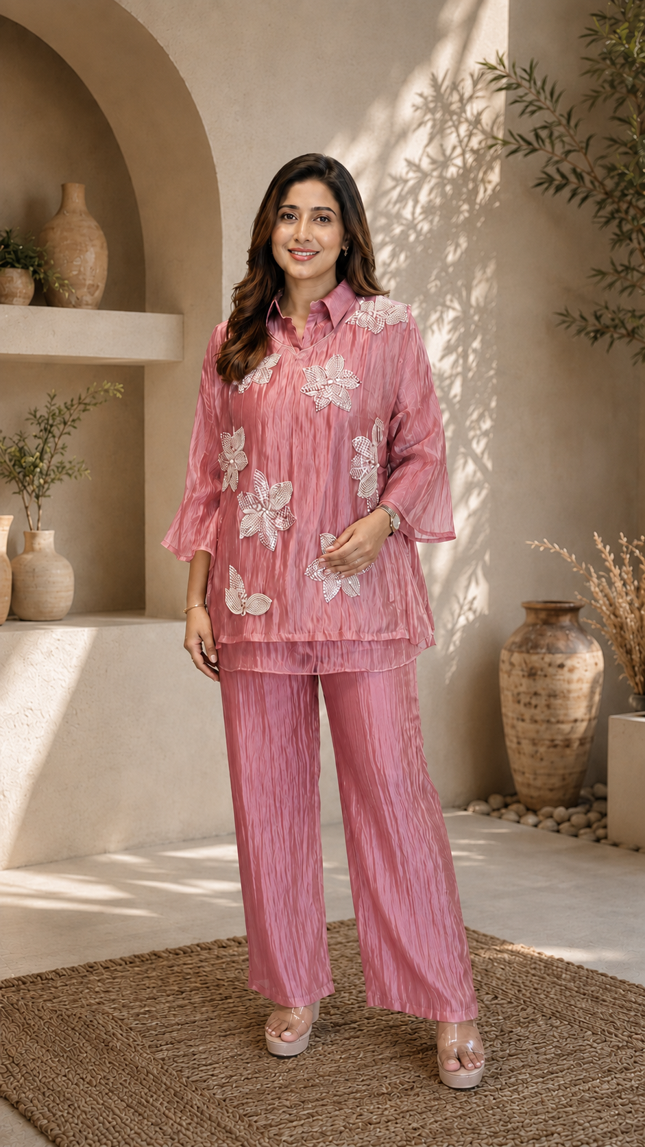 Champagne Three-D Floral Embellished Crinkle Co-Ord Set