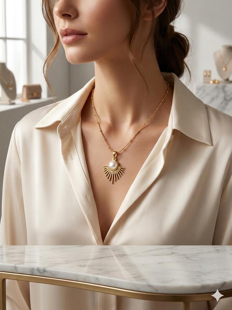 Golden Sunburst Pearl Pendant Necklace for Women