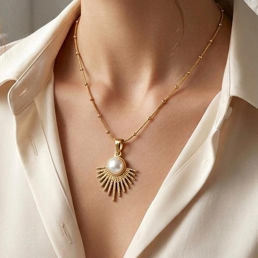 Golden Sunburst Pearl Pendant Necklace for Women