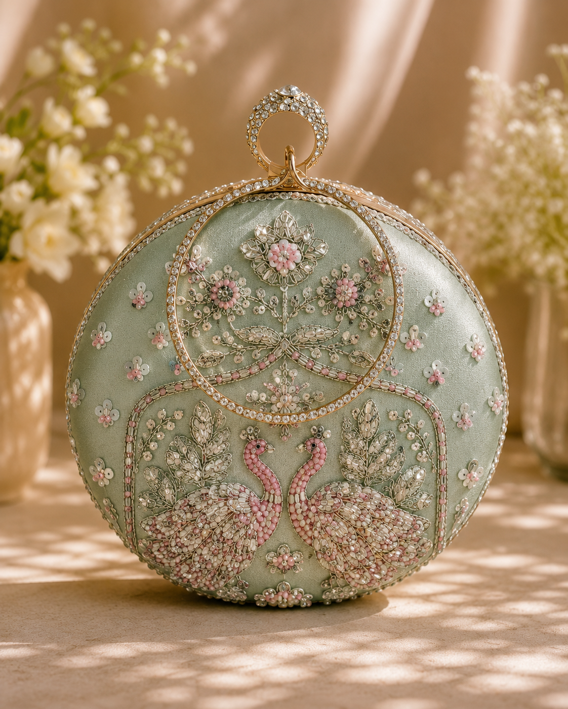 Luxury Sage Green Hand-Embroidered Swan Clutch Bag with Crystal Ring Handle