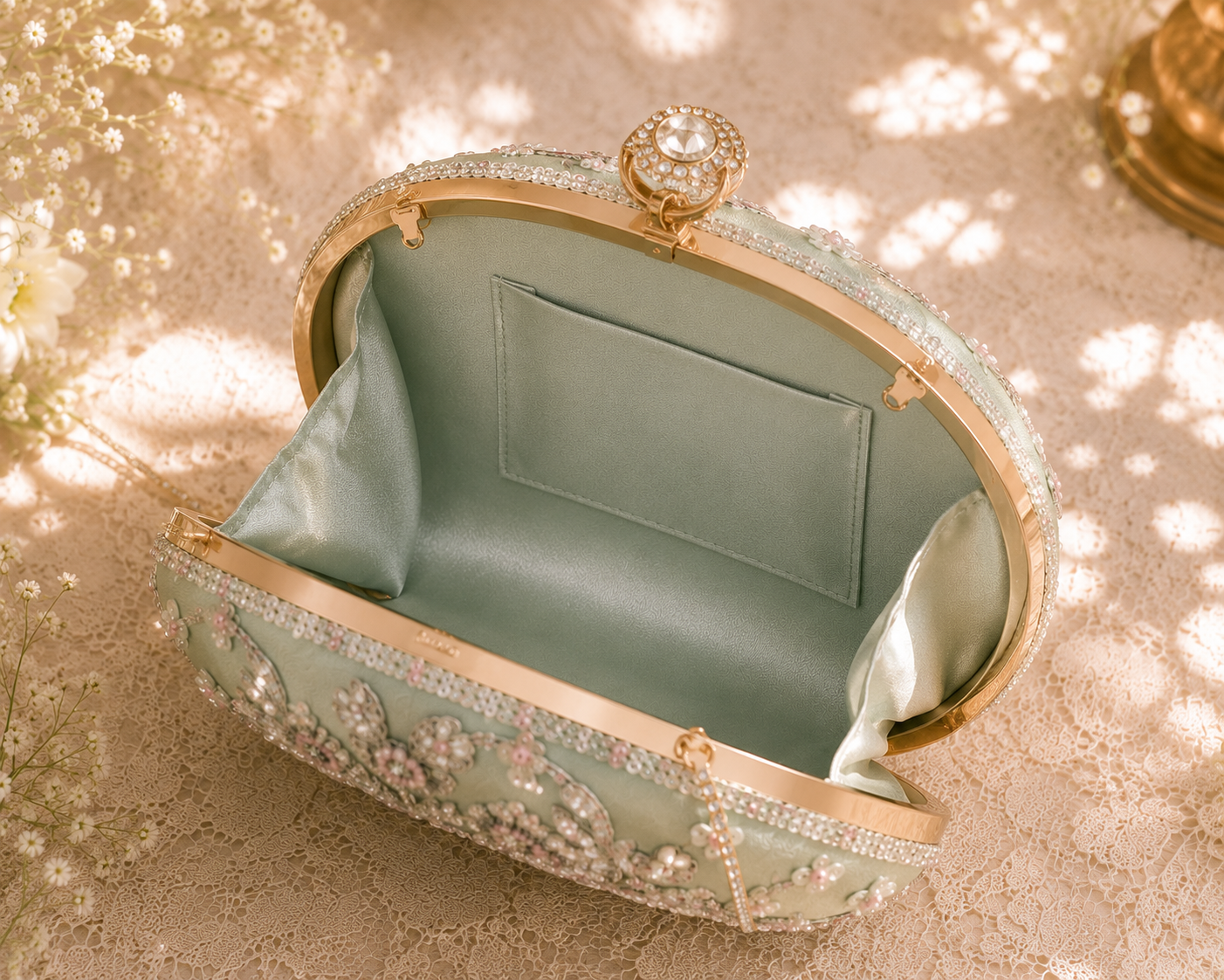 Luxury Sage Green Hand-Embroidered Swan Clutch Bag with Crystal Ring Handle