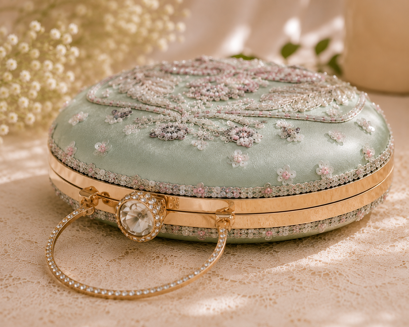 Luxury Sage Green Hand-Embroidered Swan Clutch Bag with Crystal Ring Handle