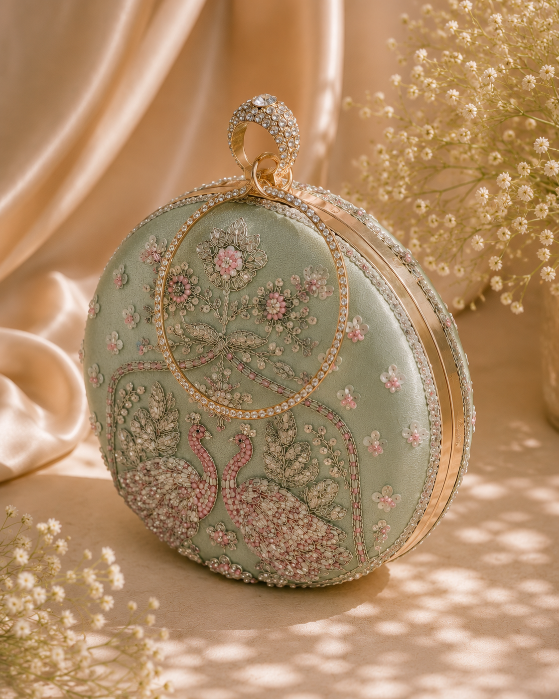Luxury Sage Green Hand-Embroidered Swan Clutch Bag with Crystal Ring Handle