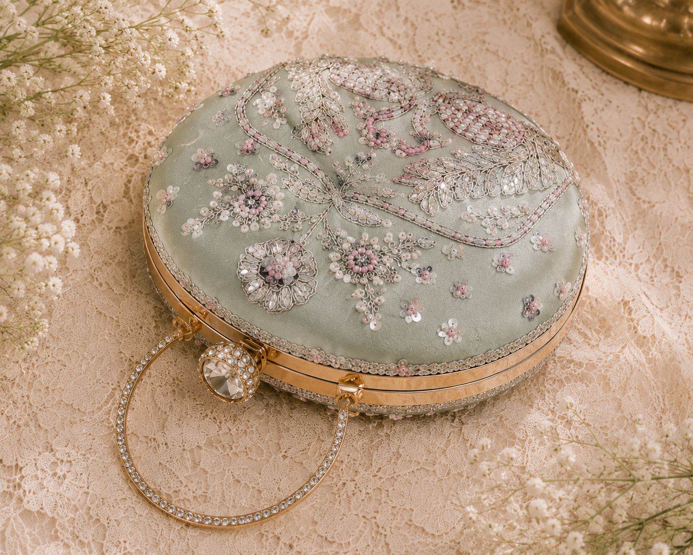 Luxury Sage Green Hand-Embroidered Swan Clutch Bag with Crystal Ring Handle