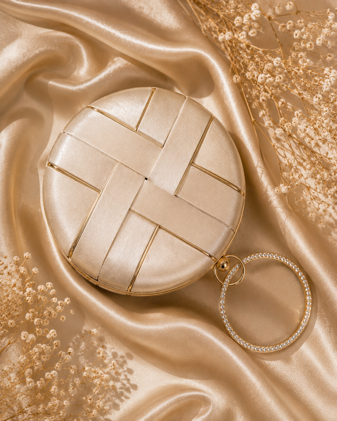 Luxury Champagne Gold Woven Satin Round Clutch Bag with Crystal Ring Handle