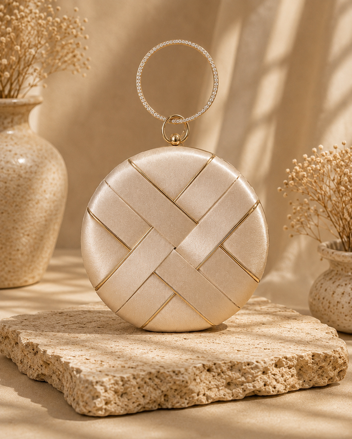 Luxury Champagne Gold Woven Satin Round Clutch Bag with Crystal Ring Handle