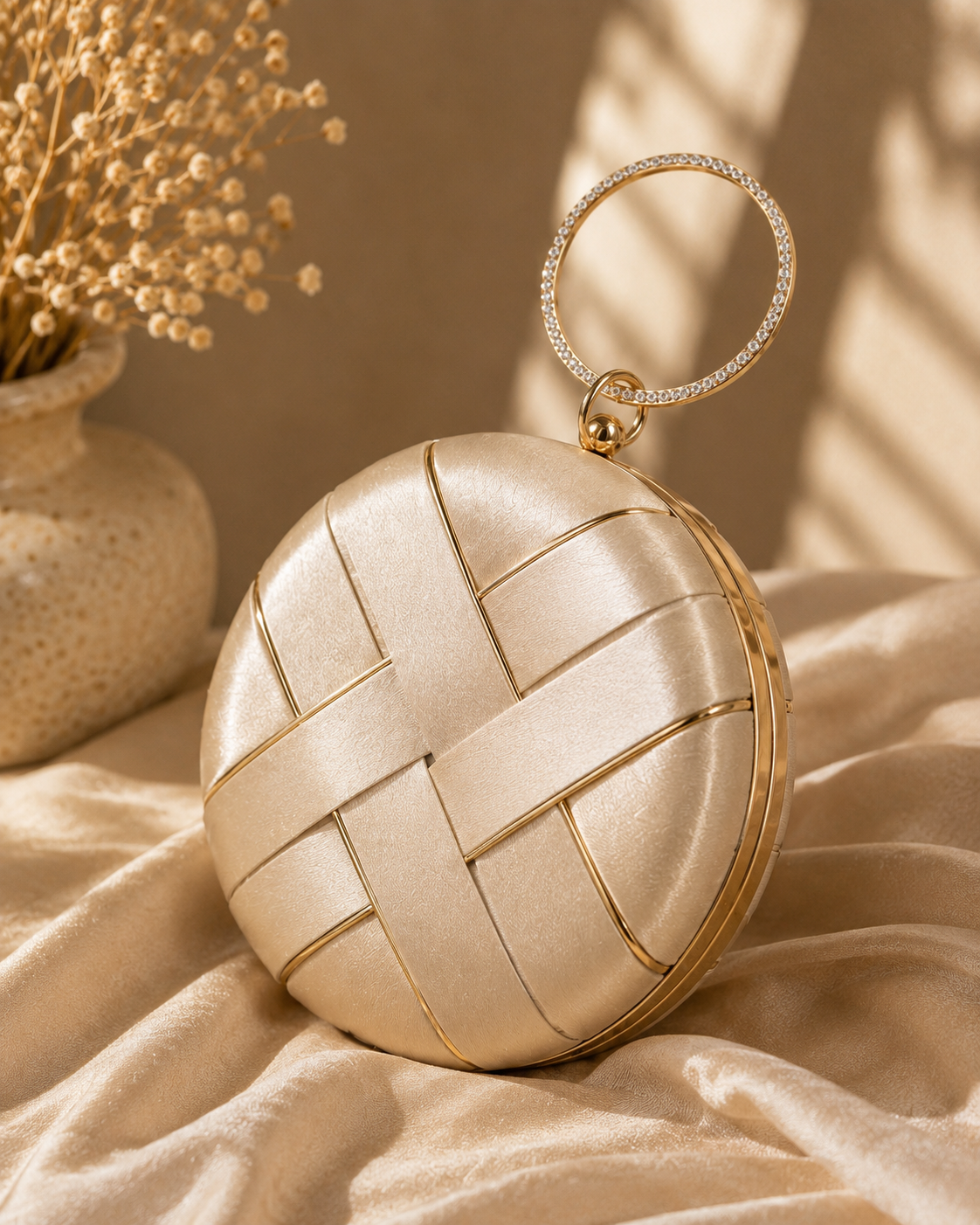 Luxury Champagne Gold Woven Satin Round Clutch Bag with Crystal Ring Handle