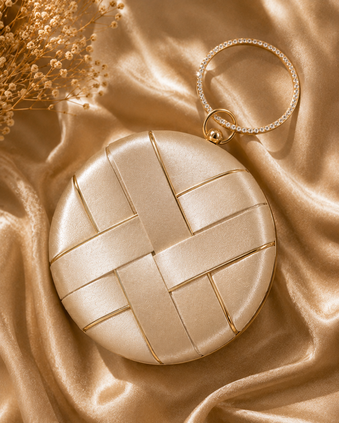 Luxury Champagne Gold Woven Satin Round Clutch Bag with Crystal Ring Handle