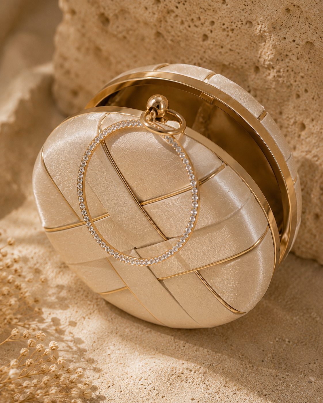 Luxury Champagne Gold Woven Satin Round Clutch Bag with Crystal Ring Handle